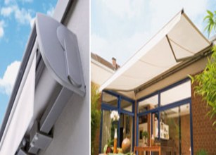 Markisenkasten und Überdachung in hellen Farben, strukturiert und funktional neben einer Terrassensituation.  Markisenkasten und Überdachung in hellen Farben, strukturiert und funktional neben einer Terrassensituation.