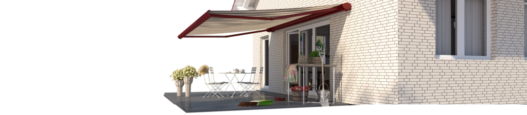 Markise mit rot-weißem Muster über einer Terrassensituation an einem modernen Haus. Markise mit rot-weißem Muster über einer Terrassensituation an einem modernen Haus.