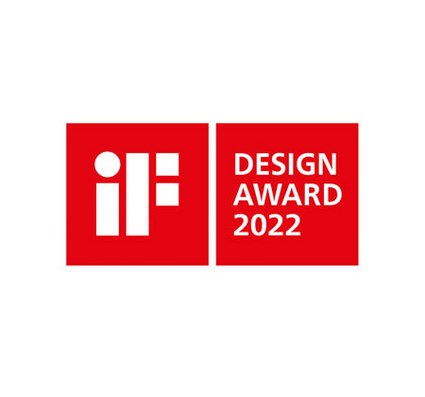 Logo des iF Design Award 2022, bestehend aus rotem Hintergrund und weißem Text.