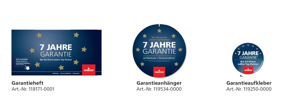 Dunkelblaue Hintergründe mit goldenen Sternen und weißen Schriftzügen zu Garantieangaben.