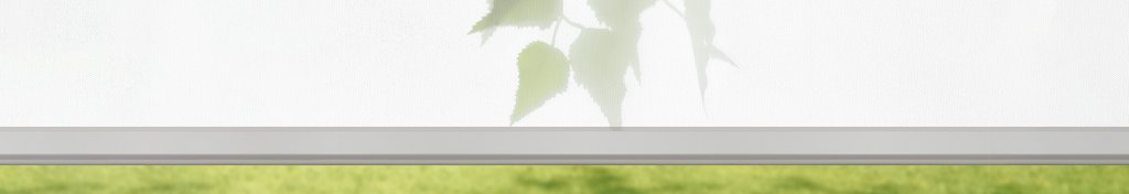 Transparente Markise mit einem weißen Markisentuch und einer grünen Terrassensituation im Hintergrund.