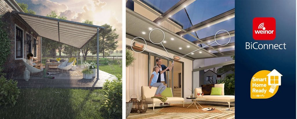 Sonnenschutz über Terrasse mit Markise und modernen Glas-Schiebewänden in einer stilvollen Sitzsituation.