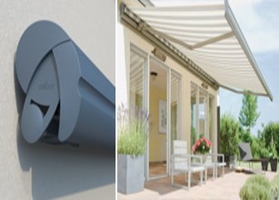 Markisenkasten in Grau und Terrassensituation mit Markise und Glas-Schiebewänden.  Markisenkasten in Grau und Terrassensituation mit Markise und Glas-Schiebewänden.