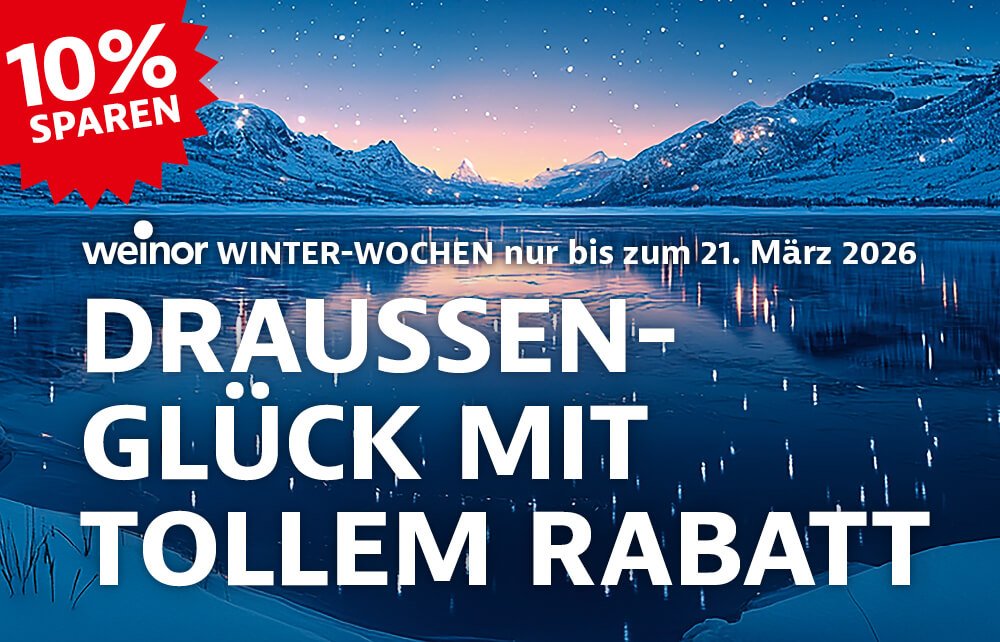 Werbung für Winter-Angebote mit ruhigem Landschaftsbild, Schneebergen und Wasserreflexion. Dominante Blau- und Weißtöne.