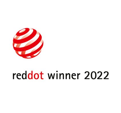 Rote Spirale über dem Text "reddot winner 2022" in Schwarz, auf weißem Hintergrund.