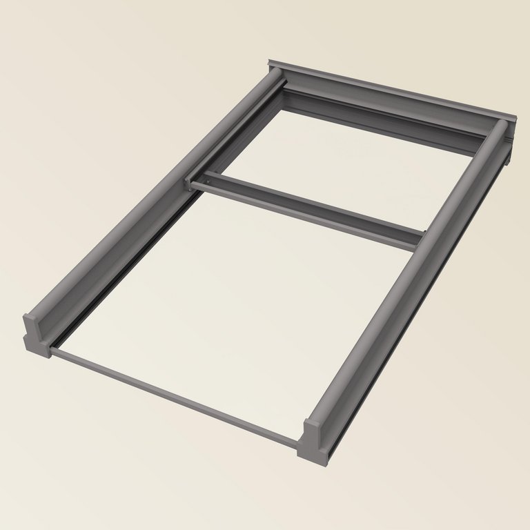 Graues Rechteck mit flacher Oberfläche und seitlichen Führungsschienen.