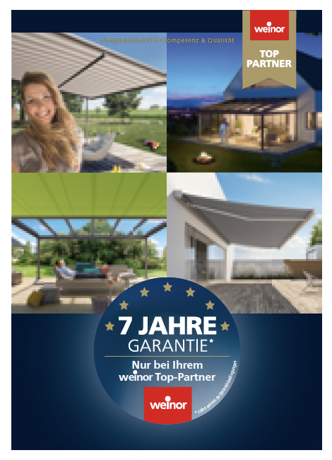 Werbung für Sonnenschutzprodukte mit Bildern von Markisen und einer Grafik zu 7 Jahren Garantie.