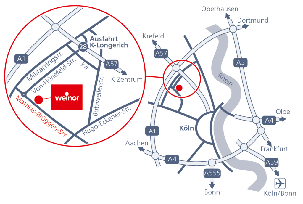 Stadtplan von Köln mit markierter Route und einem roten Punkt für einen Standort. Stadtplan von Köln mit markierter Route und einem roten Punkt für einen Standort.