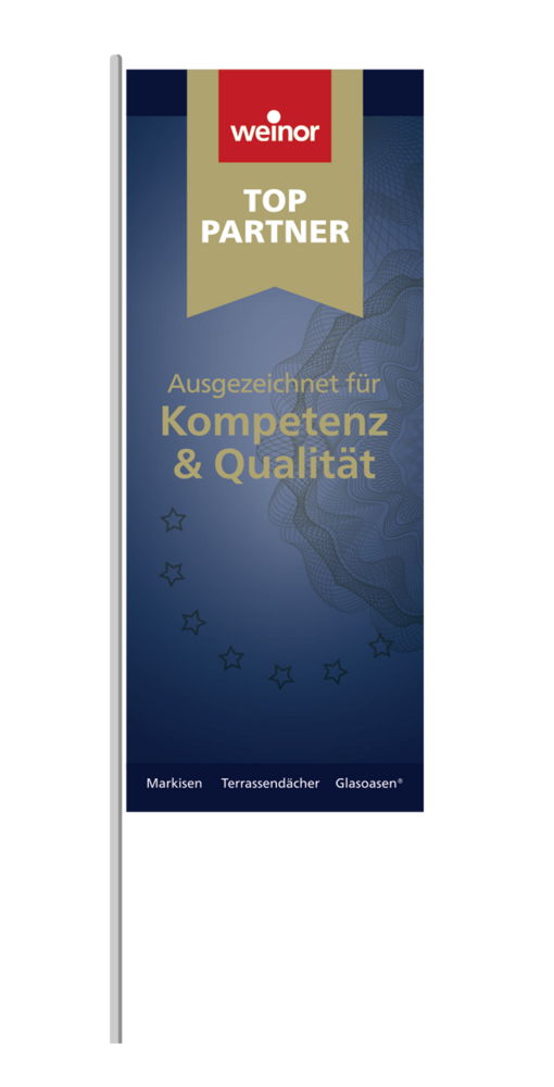 Banner in Blau mit goldener Schrift, abgerundeten Ecken und einem roten Logo oben.