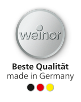 Runder silberner Button mit dem Schriftzug weinor auf schwarzem Hintergrund. Farbige Punkte in rot, gelb und schwarz darunter.