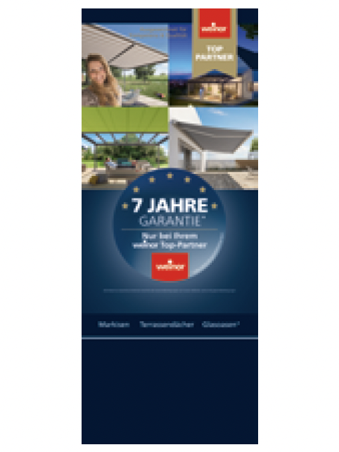 Werbung für Markisen mit Garantiehinweis, enthält Bilder von Terrassensituationen.